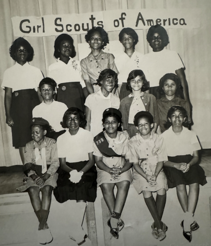 Junior Girl Scout Troop 1964-65. Shown in back are (l-r) Paula Barrett, Cynthia Barrett, Stephanie Maull, Vicky Brittingham Gibbs and Grace Gibbs. In middle are unknown, Marea Thomas Toliver, Marian Norwood and Belinda Maull. In front are Diane Stanley, Nancy Gooch Collick, Cynthia Gray Timmons, Helena “Fran” Stewart and Felicia Duffy Deshields. SOURCE: DAISEY FAMILY LEGACY COLLECTION